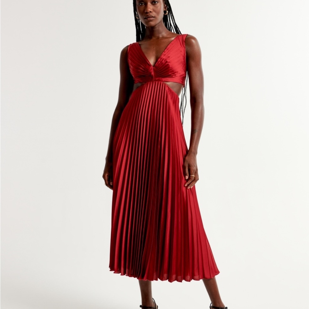 PINK Pleated Cut-Out Satin Midi Dress
